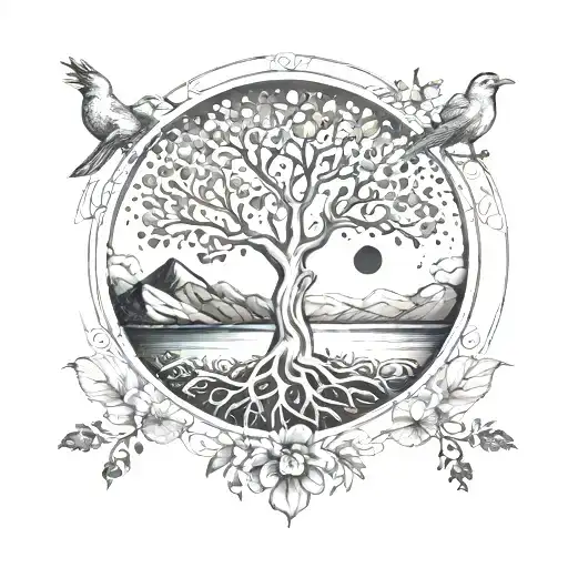 Tree Of Life In Circle With Mountains And Birds