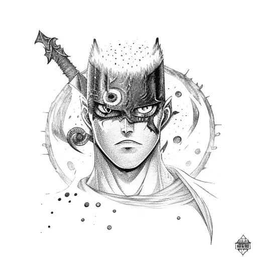 A Portrait Of Guts From Berserk Manga With A Shattered Sword In Black And Grey