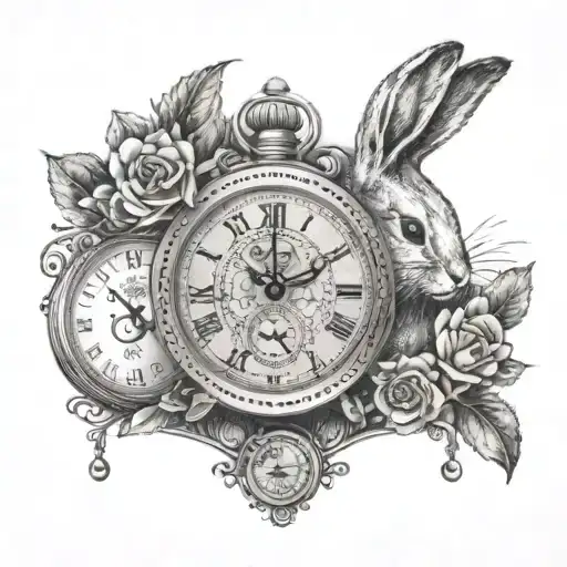 Create A Dotwork Tattoo Of A Rabbit And Panda Sitting On Top Of A Vintage Watch Face