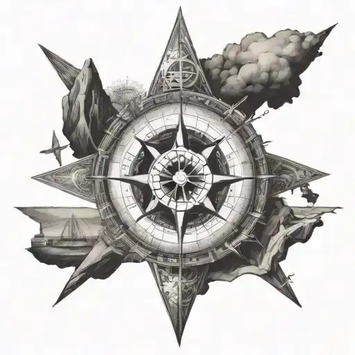 A Compass Rose Intertwined With Famous Landmarks From Different Countries