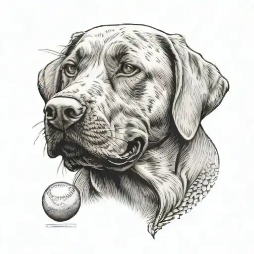 A Silver Lab Dog With A Baseball In His Mouth And A Football On The Ground Next To Him