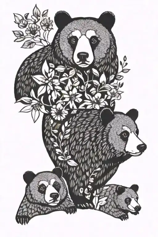 Silhouette Of Three Bears Nesting Like A Matryoshka Doll Linocut Floral Folk Art Details