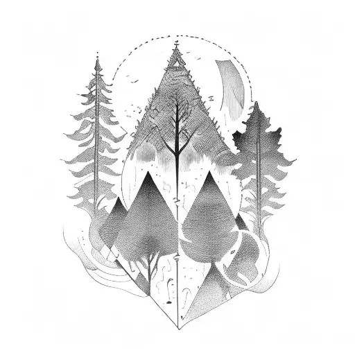 A Blackwork Tattoo Of A Forest With Hidden Mechanical Farm Elements Scattered Throughout The Design