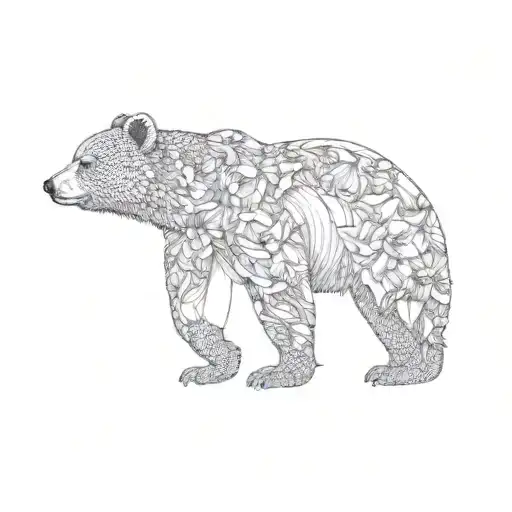 A Bear And Its Cub With An Outline Of Daffodils And Lilies