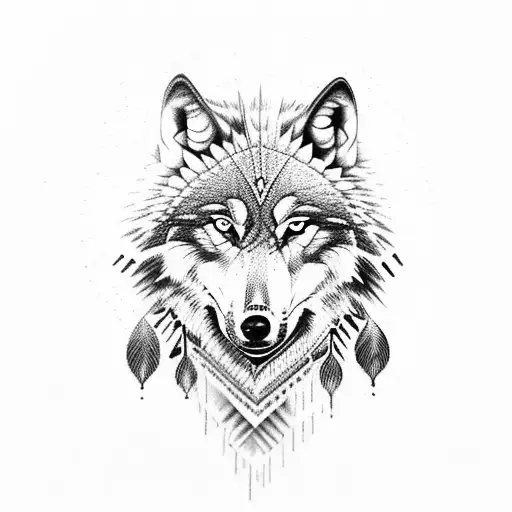 Wolf Traditional Native Indian Style With Geometric Shapes