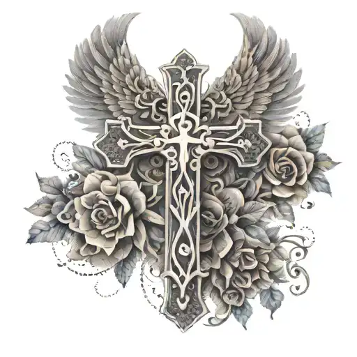 A Cross Adorned With Intricate Floral Patterns And Angel Wings