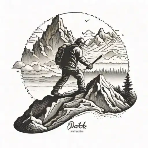 A Dotwork Tattoo Of A Carpenter Carving A Mountain Range With Hip Hop Lyrics As The Landscape