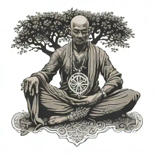 A Hindu Monk Meditating Under A Tree With Metal Music Symbols Incorporated Into The Design