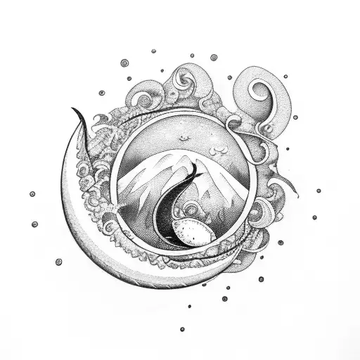 Half Moon With Waves Line Art