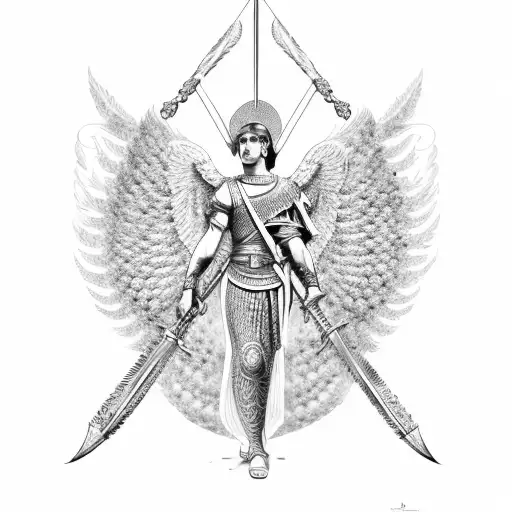 A Dotwork Design Of A Roman Spear Intertwined With Angel Feathers
