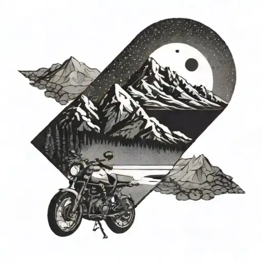 A Dotwork Tattoo Of A Mountain Landscape With A Hidden Motorcycle Silhouette