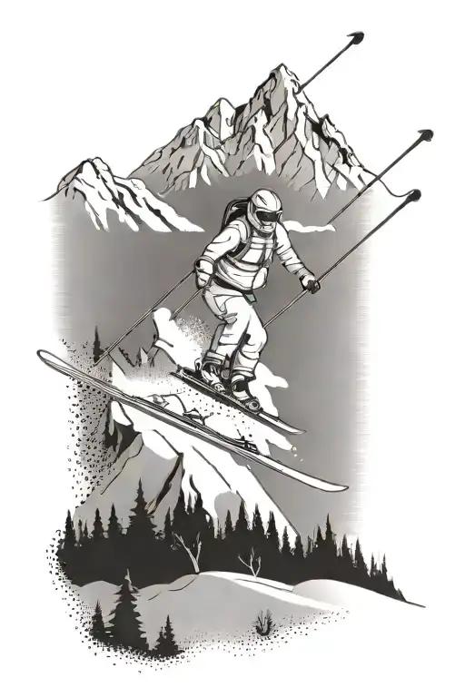 Skiing On A Skiing Slope In The Background Of Snowy Mountains And A Ski Resort