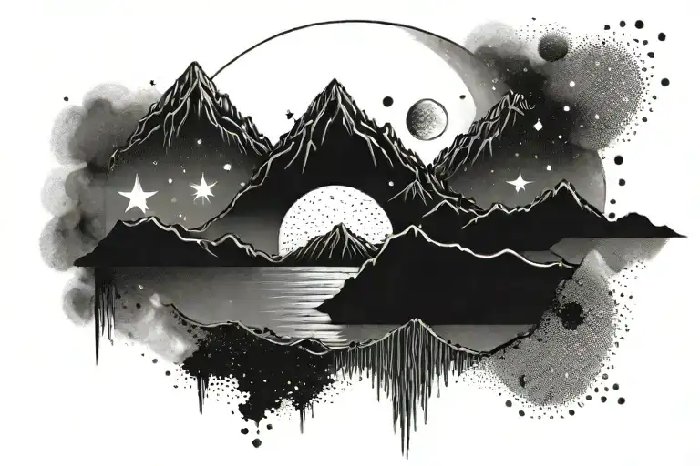 Mountain Range With Ocean And Moon And Stars Circle