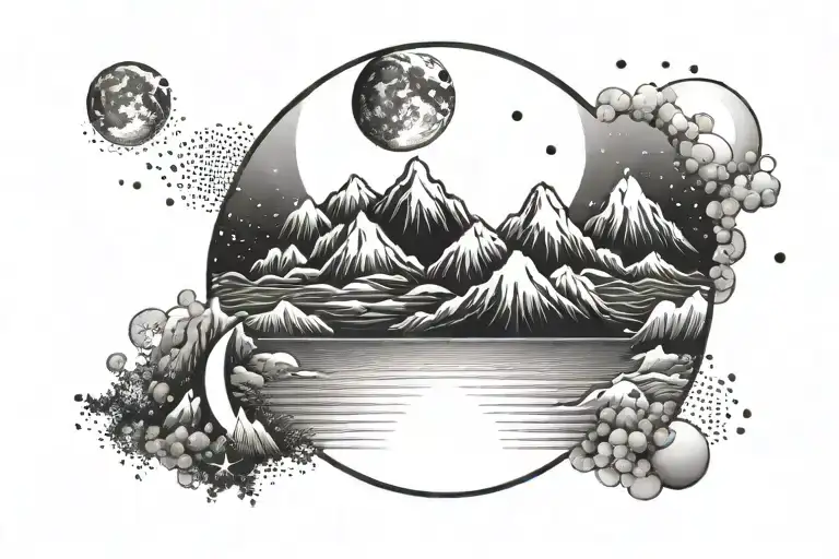 Mountain Range With Ocean And Moon And Stars Circle