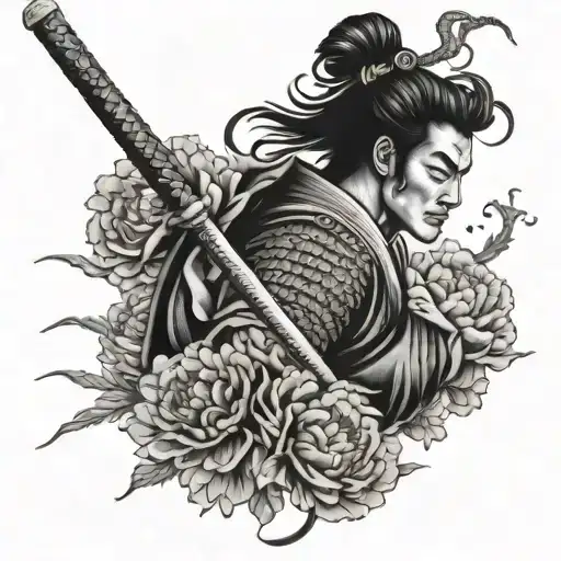 A Samurai Warrior Battling A Serpent In A Peony Garden