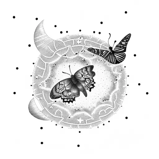 A Dotwork Design Of A Starry Night With A Butterfly Flying Towards The Moon