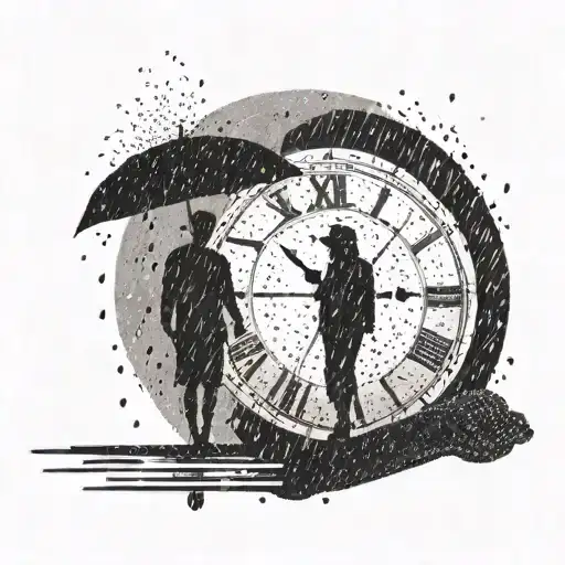 A Silhouette Of A Person Working In The Rain With A Clock Made Of Sand In The Background