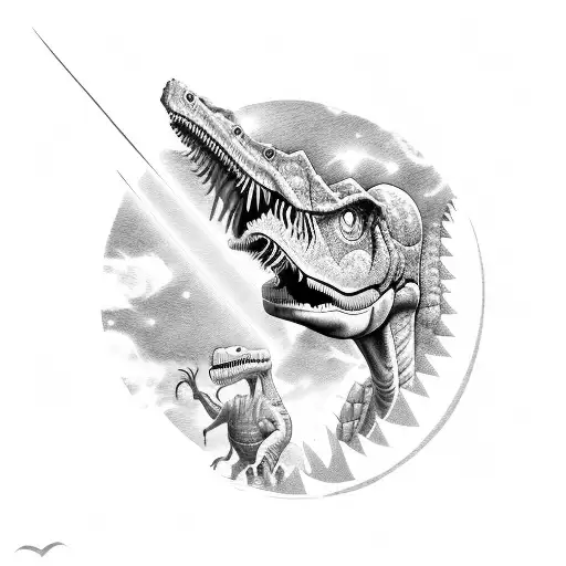The Dinosaur Shoots Lasers From The Eye And Holds A Sword In His Hands