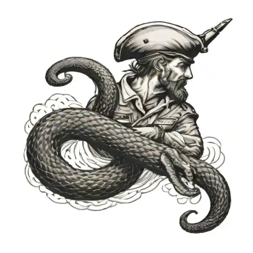 A Sailor Navigating Through Stormy Seas With A Snake Wrapped Around The Ship's Mast