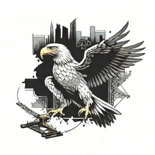 Create A Majestic Philippines Eagle Flying Over A Construction Site In A Dotwork Style