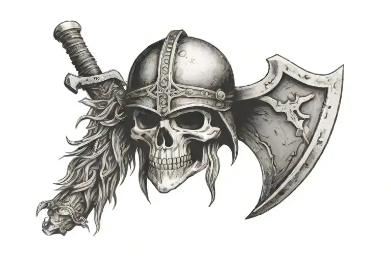 Skull Wearing Viking Helmet With Two Battle Axes Crossed Beneath