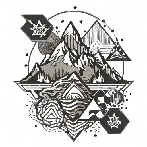 Abstract Geometric Design Incorporating Mountain Peaks And Military Insignia