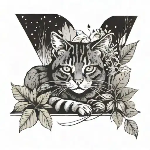 A Cat Lounging Among A Variety Of Plants In A Forest Scene