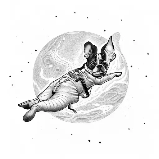 Boston Terrier In Astraunaut Suit Flying On A Planet