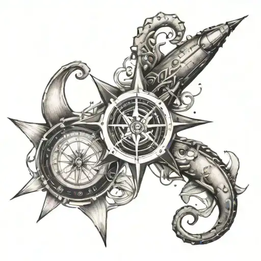 A Stylized Compass Rose Incorporating Elements Of Sea Creatures And Scuba Gear
