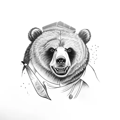 Grizzly Bear In Chef Coat And Chef Cap With Holding Chef Knife In Attitude