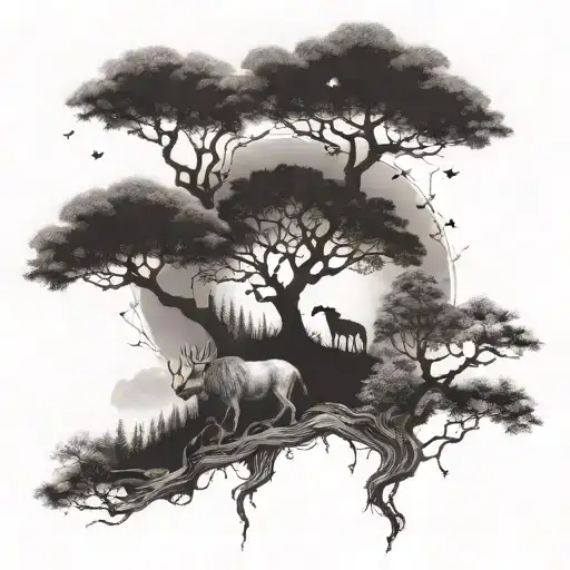 A Mystical Forest Scene With Magical Creatures And Symbols Of Strength