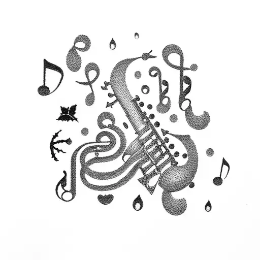 A Dotwork Silhouette Of A Saxophone Player Surrounded By A Forest Of Musical Notes