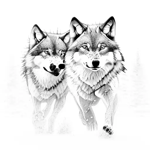 A Pack Of Wolves Running Through A Snowy Forest