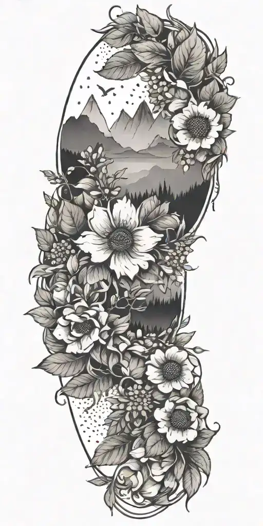 A Dotwork Tattoo Of A Floral Wreath With Tiny Mountain Silhouettes Hidden Among The Petals