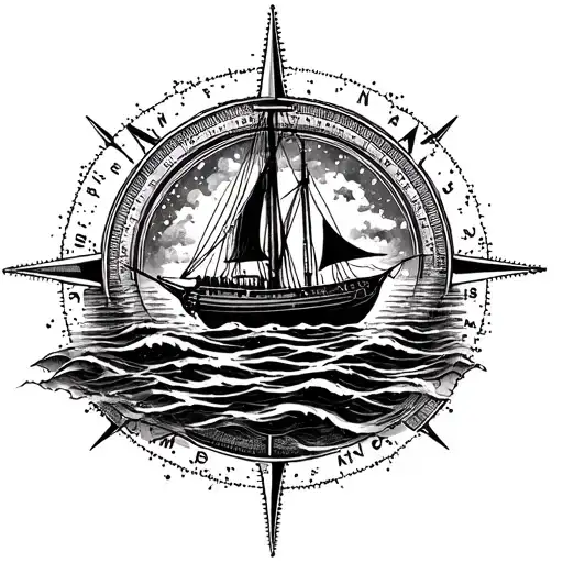 Compass Ocean Background W Boat Floating Away