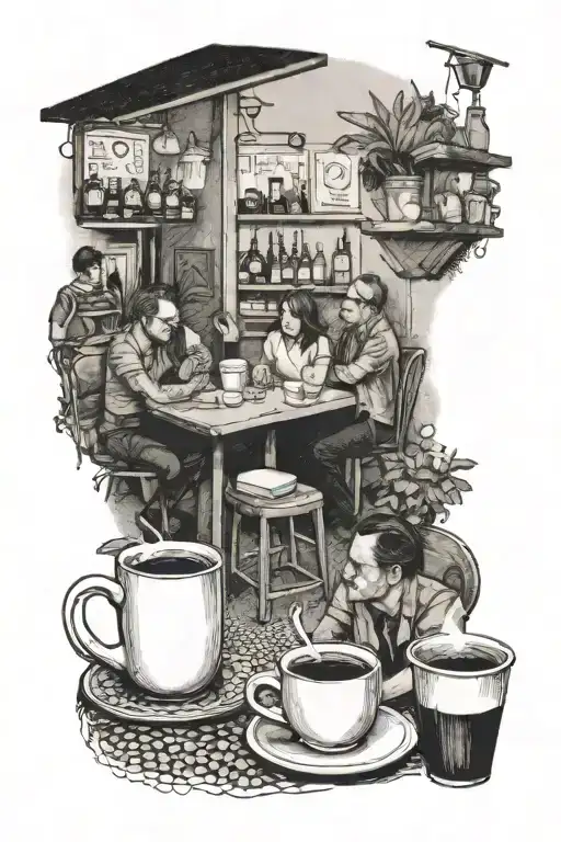 A Dotwork Tattoo Of A Beatnik Coffee Shop Scene With Bukowski And Fante As Regulars