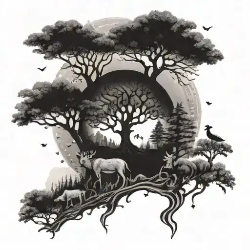 A Mystical Forest Scene With Magical Creatures And Symbols Of Strength