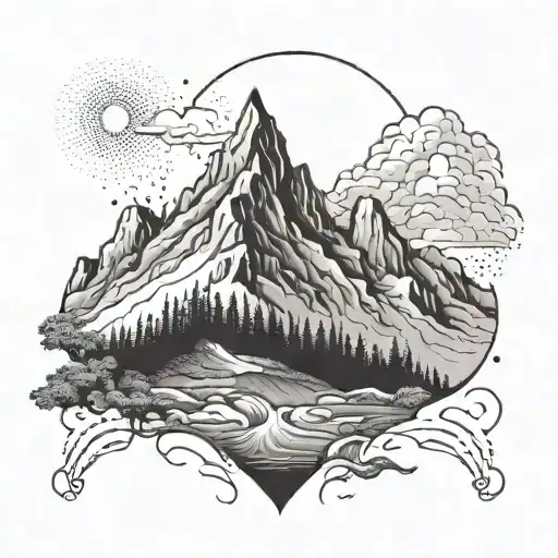 A Mystical Mountain Landscape With A Hidden Nix Creature Peeking Out From Behind A Peak