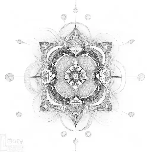 A Dotwork Tattoo Of A Symmetrical Pattern Inspired By Nature And Engineering Elements