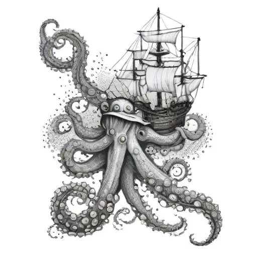 A Huge Octopus And A Boat In The Sea Behind