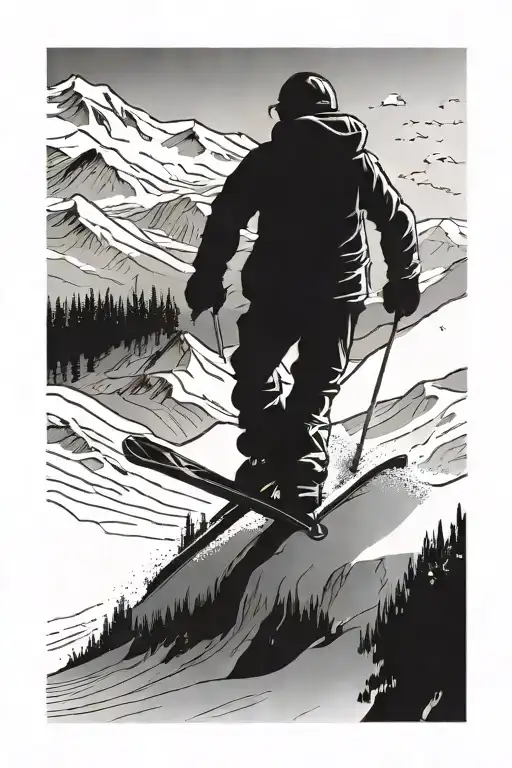 Skiing On A Skiing Slope In The Background Of Snowy Mountains And A Ski Resort