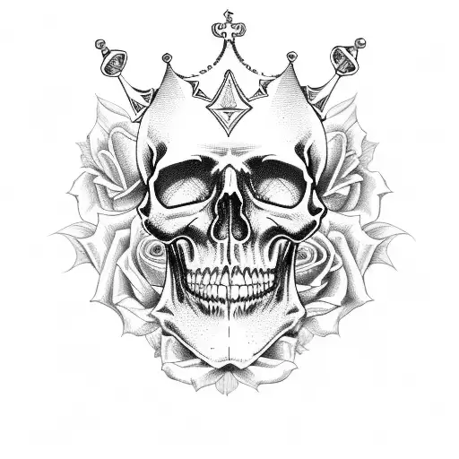 Black And White Skull With Crown And And Rose And Wrench
