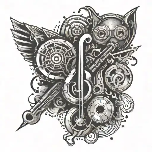 A Tattoo Design Featuring A Mix Of Metal Music Symbols And Rap Beats Elements