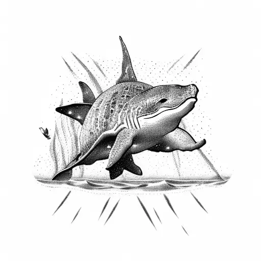 A Palm Tree With A Turtle And A Whale Shark In Fine Black And White Line