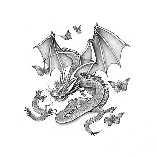 Dragon With Cherry Blossom Stick With Butterflies