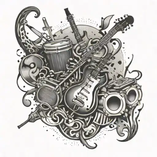 A Grunge-inspired Abstract Design Incorporating Musical Instruments And Crafting Tools