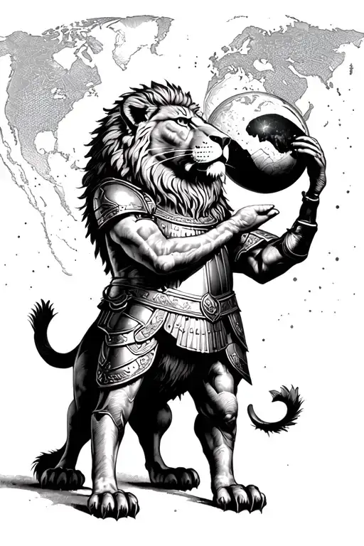 A Lion Wearing An Roman Armor Holding The World In His Hands
