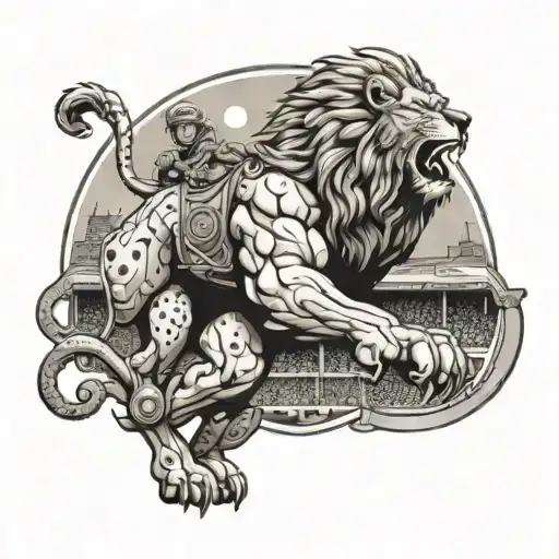 A Video Game Character Riding A Lion Through A Sports Arena