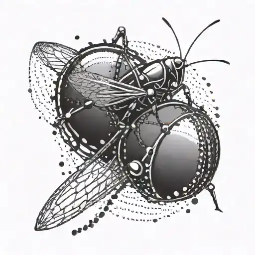 An Abstract Tattoo Featuring A Cricket Ball Morphing Into A Machine In A Dotwork Style