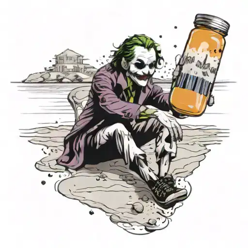 A Criminal-inspired Tattoo Of A Joker Holding A Bag Of Drugs On A Beach With Women In The Background